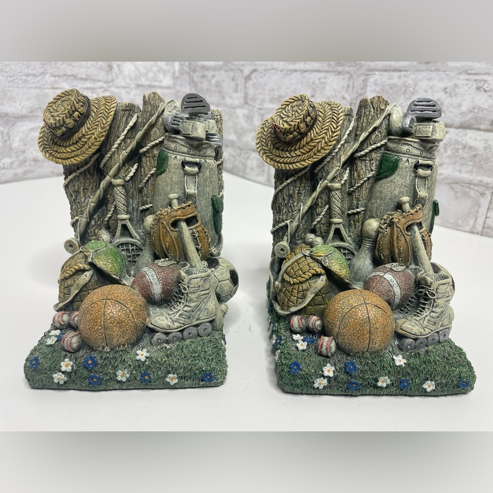 Sports Equipment Theme Bookends Fishing Baseball Football Golf Skates Soccer 5”